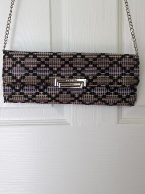 BCBG Woven Clutch with Silver Chain and Black Multicolor Weave
